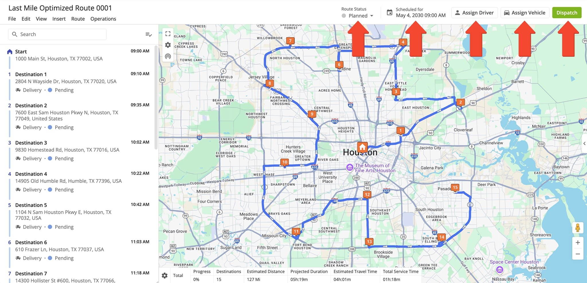 Route Editor Toolbar Settings: dispatch route, assign vehicle and driver, reverse, re-optimize, and reschedule route, insert stops into route, and more.