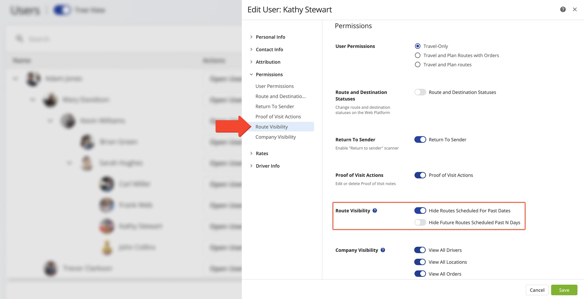 Route visibility settings for completed and future scheduled routes for drivers, route planners, dispatchers, and other team members.