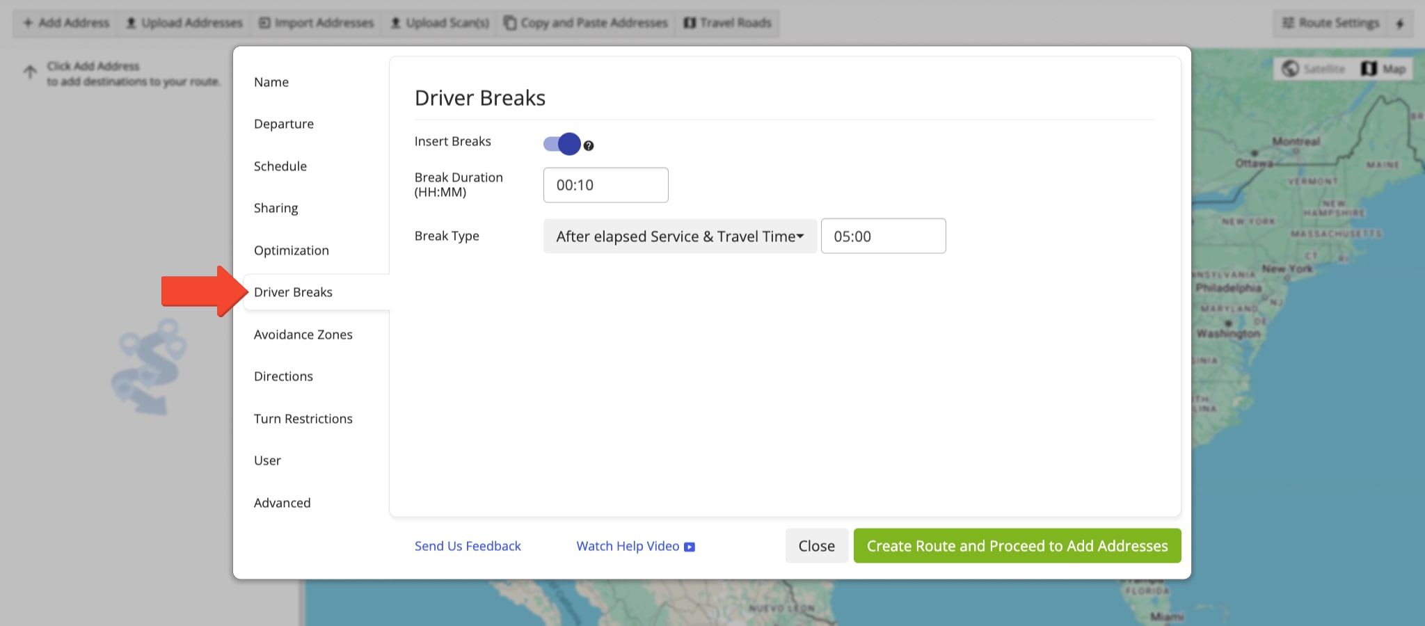 Select the Driver Break insertion and optimization type to add breaks based on either a specific route time or the number of route destinations.