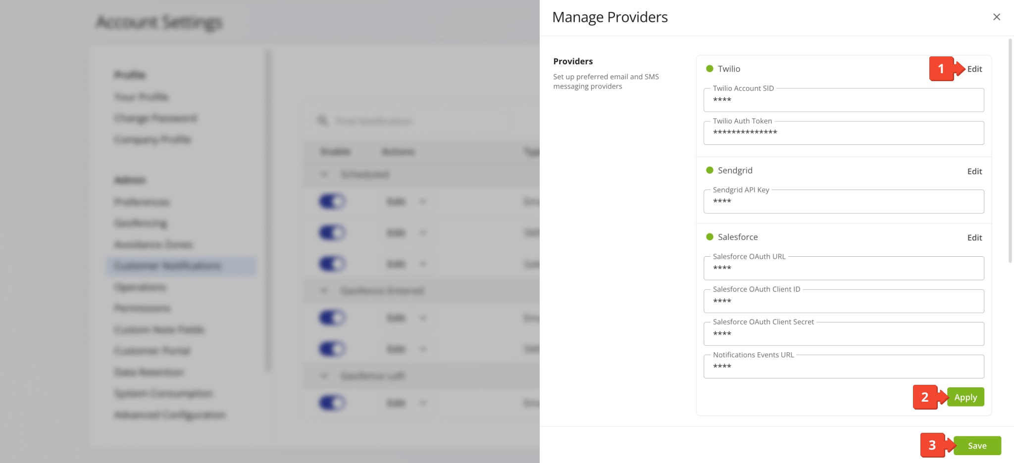 Input and manage your notification provider credentials.