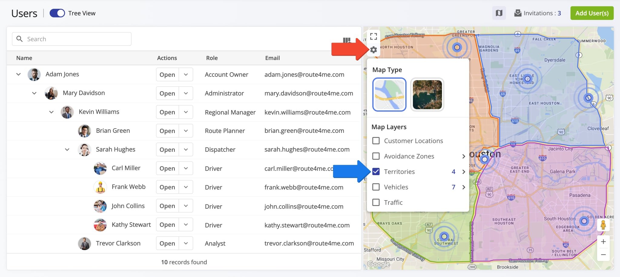 Click the Gear Icon in the top-left of the map to open the Map Settings. Here, you can enable map overlays to show the location of different zones and assets on Route4Me account.
