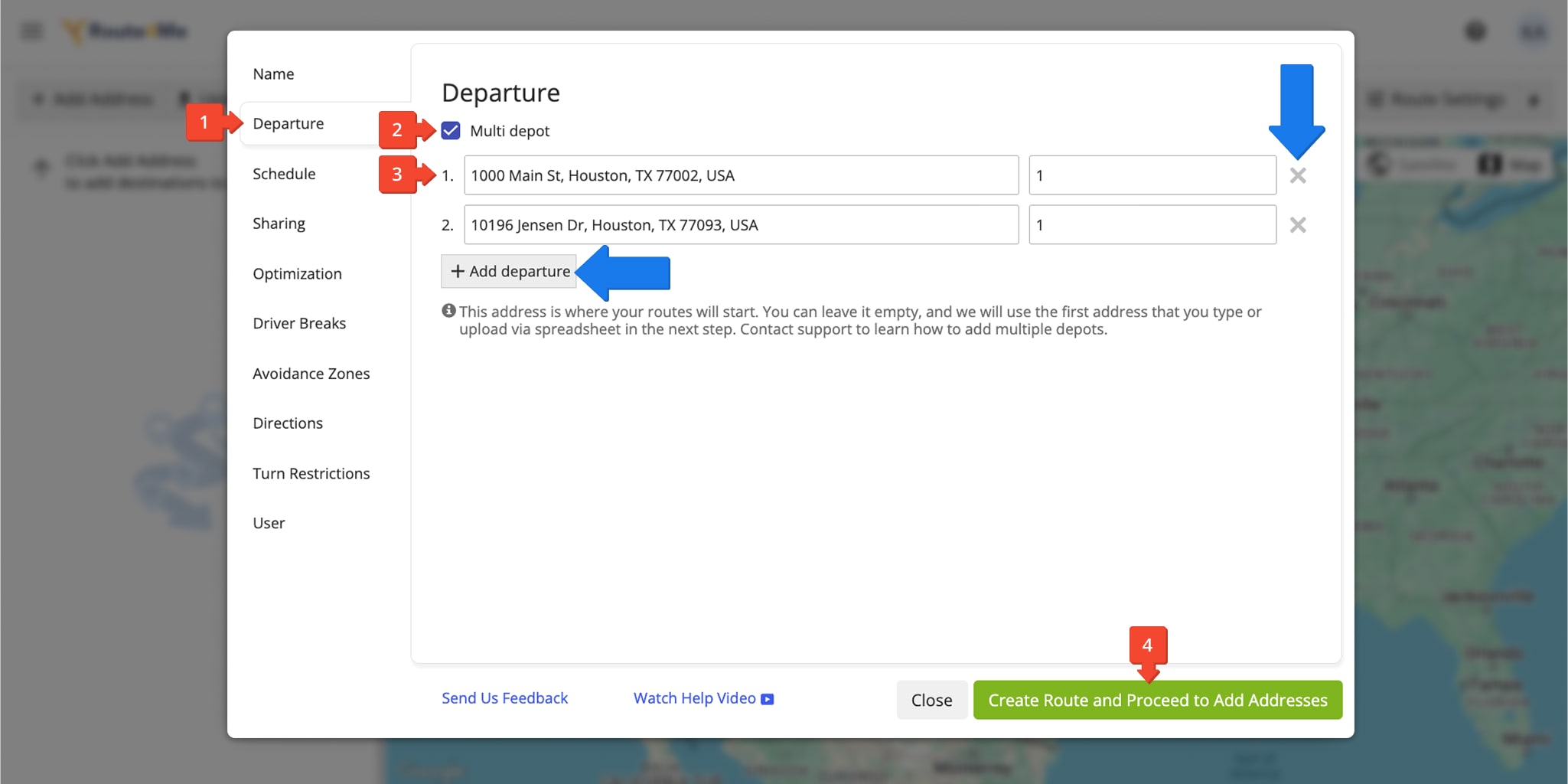 Specify multiple depot addresses in your manual optimization settings when you plan routes.