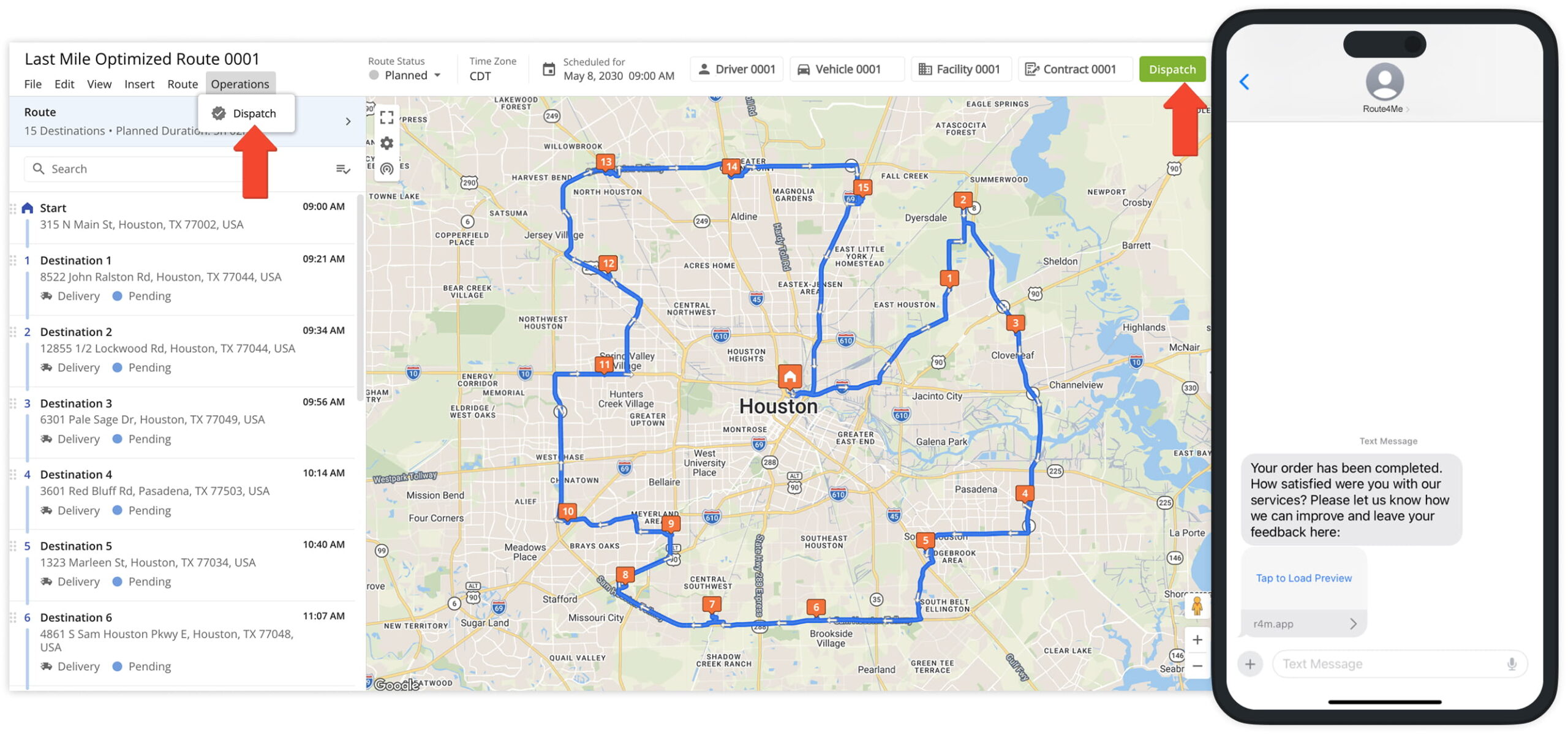 You can send route notifications from multiple views, and customers automatically receive updates, tracking links, and a satisfaction survey.