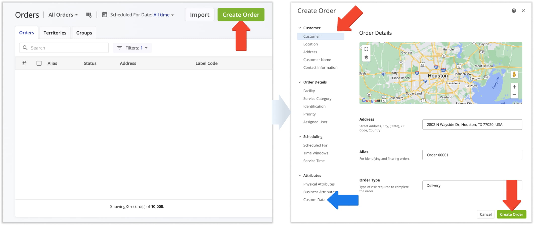When you manually add customized orders in the Orders List, you can adjust order details such as address, scheduled for date, order destination type, priority, and more.