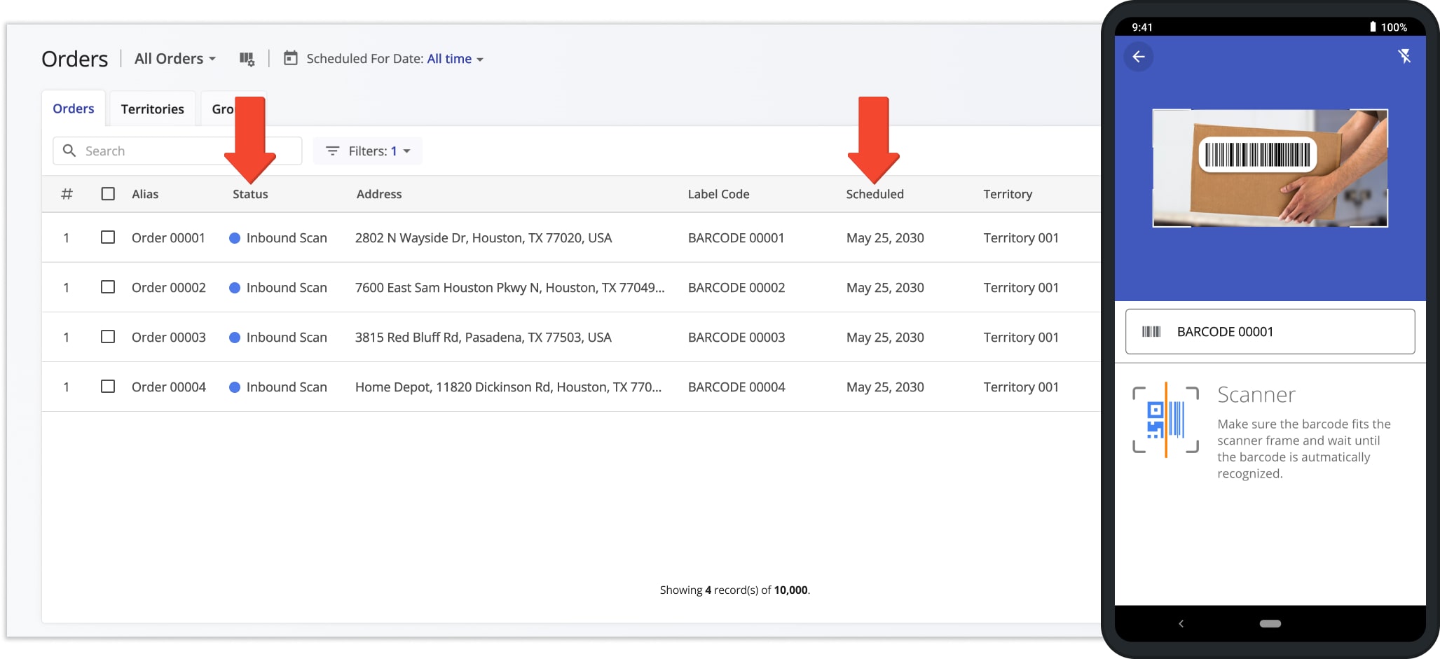 After you add or import orders into the system, you can scan and schedule orders for route planning with the integrated barcode label scanner of the Mobile Routing App without any external scanners or software.