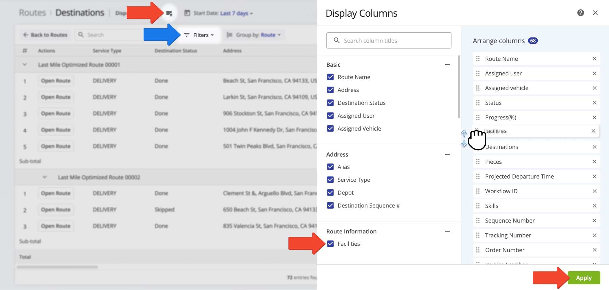 Enable the Facilities custom data column on the Routes List to view Facility attribution for your planned and optimized final mile routes.