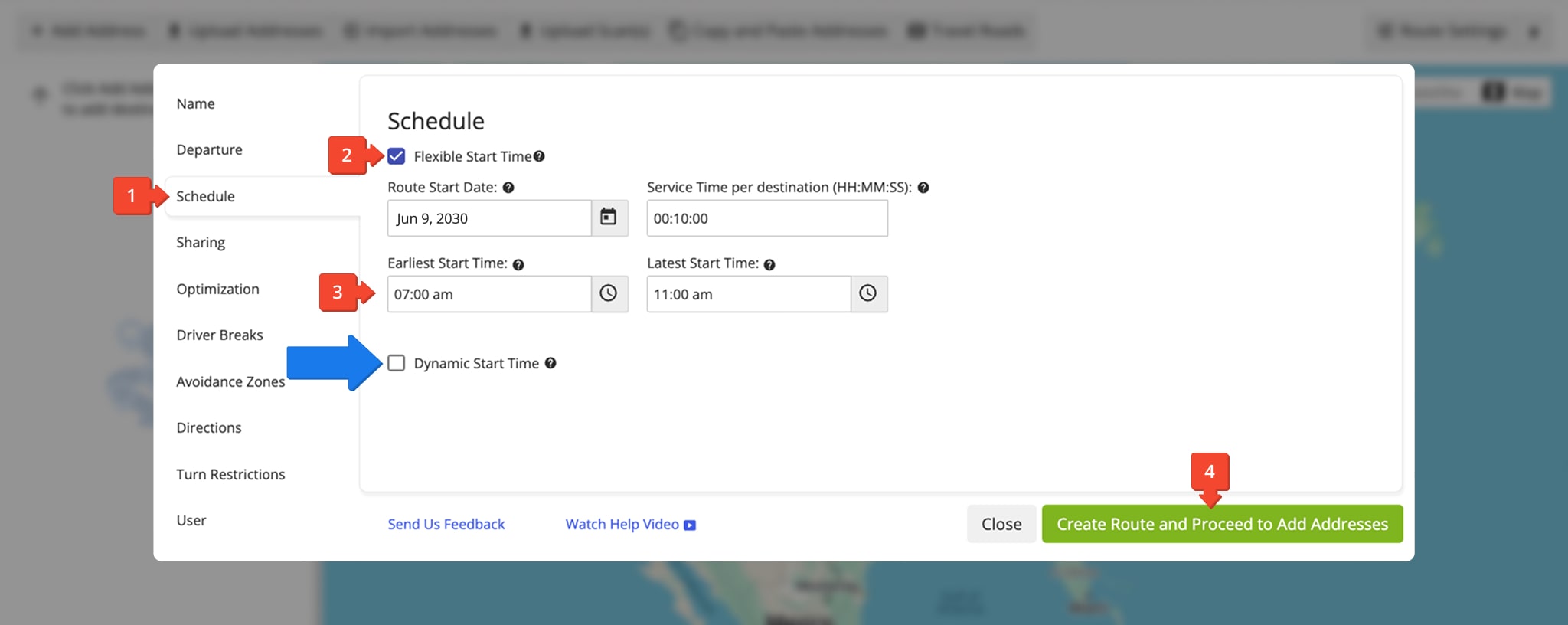 Setting up Flexible Start Time to automatically schedule routes for the most optimal start time based on Time Windows.