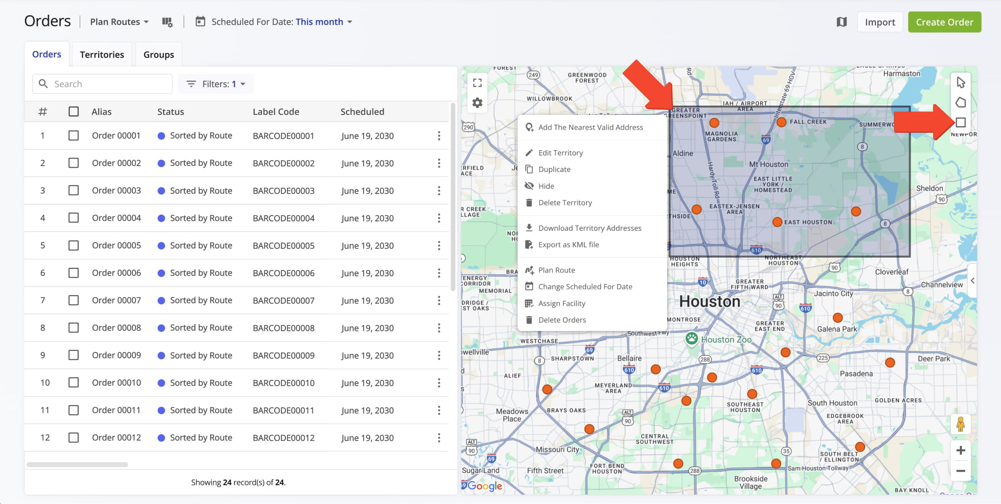 Bulk manage multiple orders on the Orders Map by drawing a shape and right-clicking it.