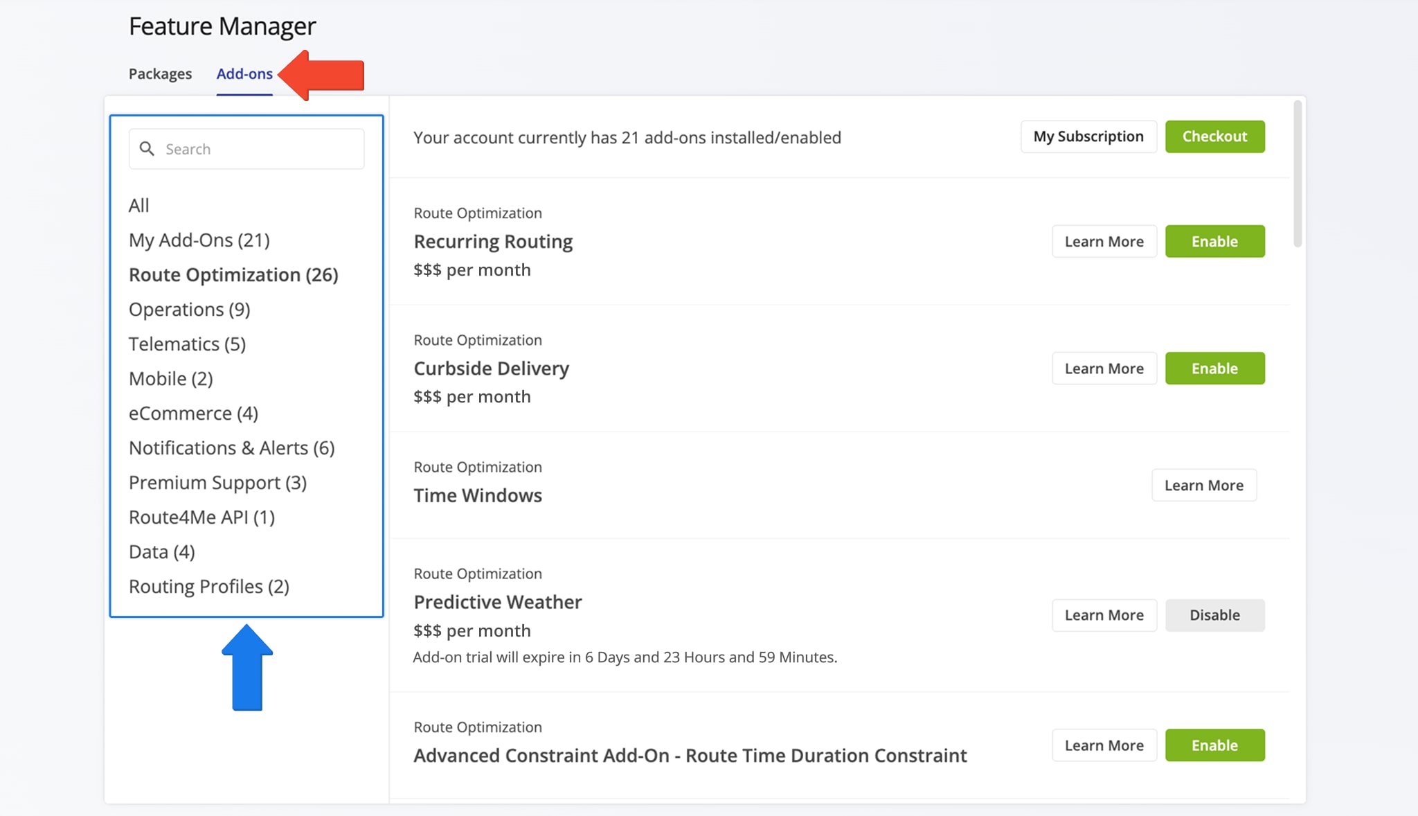 Manage last mile route optimization software subscription, enable and disable add-ons and modules using Route4Me's Feature Manager.