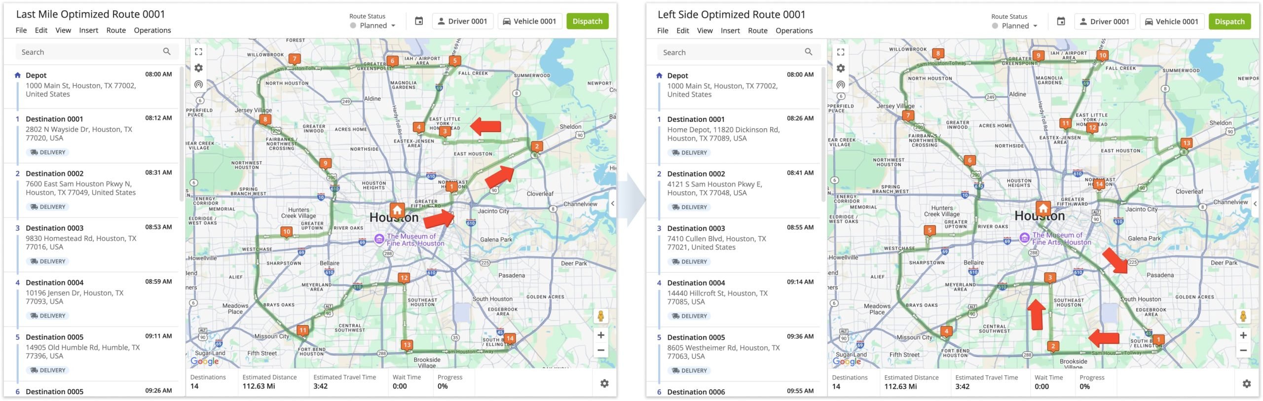 Last mile optimized route with Route4Me Left Side Routing and left-side destinations.