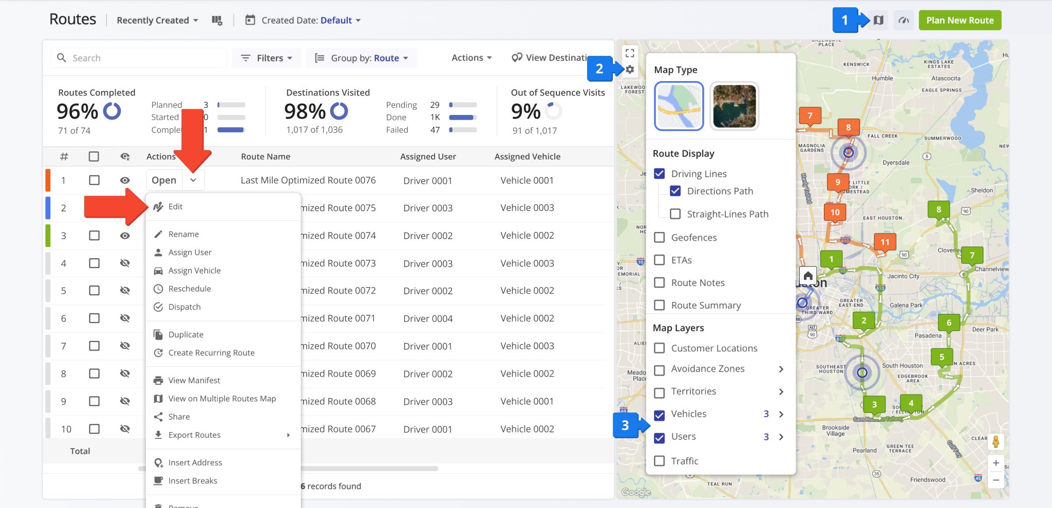 To use GPS tracking for tracking drivers and vehicles, first open a route from your Route4Me Routes List in the Route Editor.