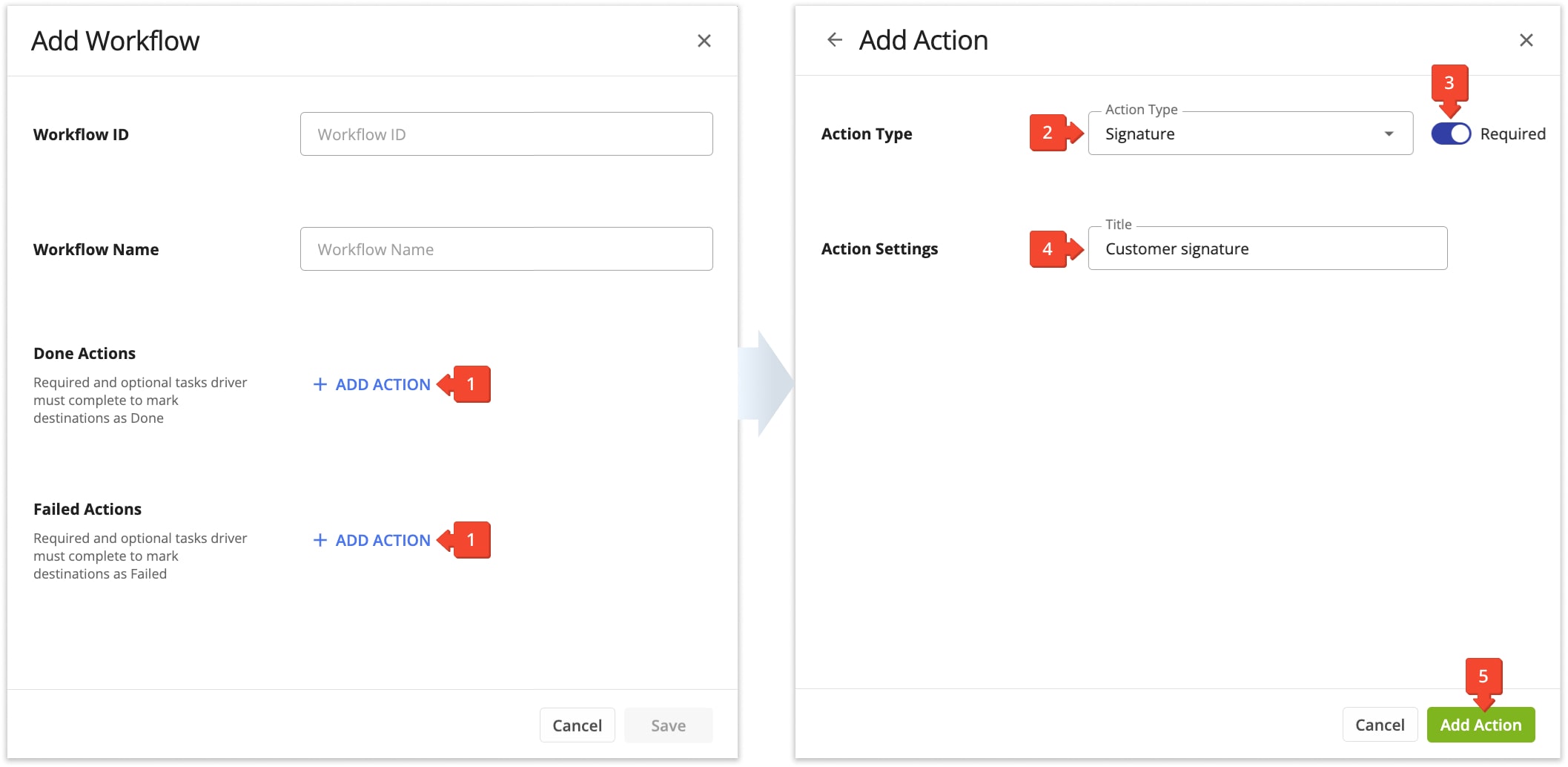 Add Done and Failed mandatory and optional actions to last mile routing workflows for proof of delivery and visit.