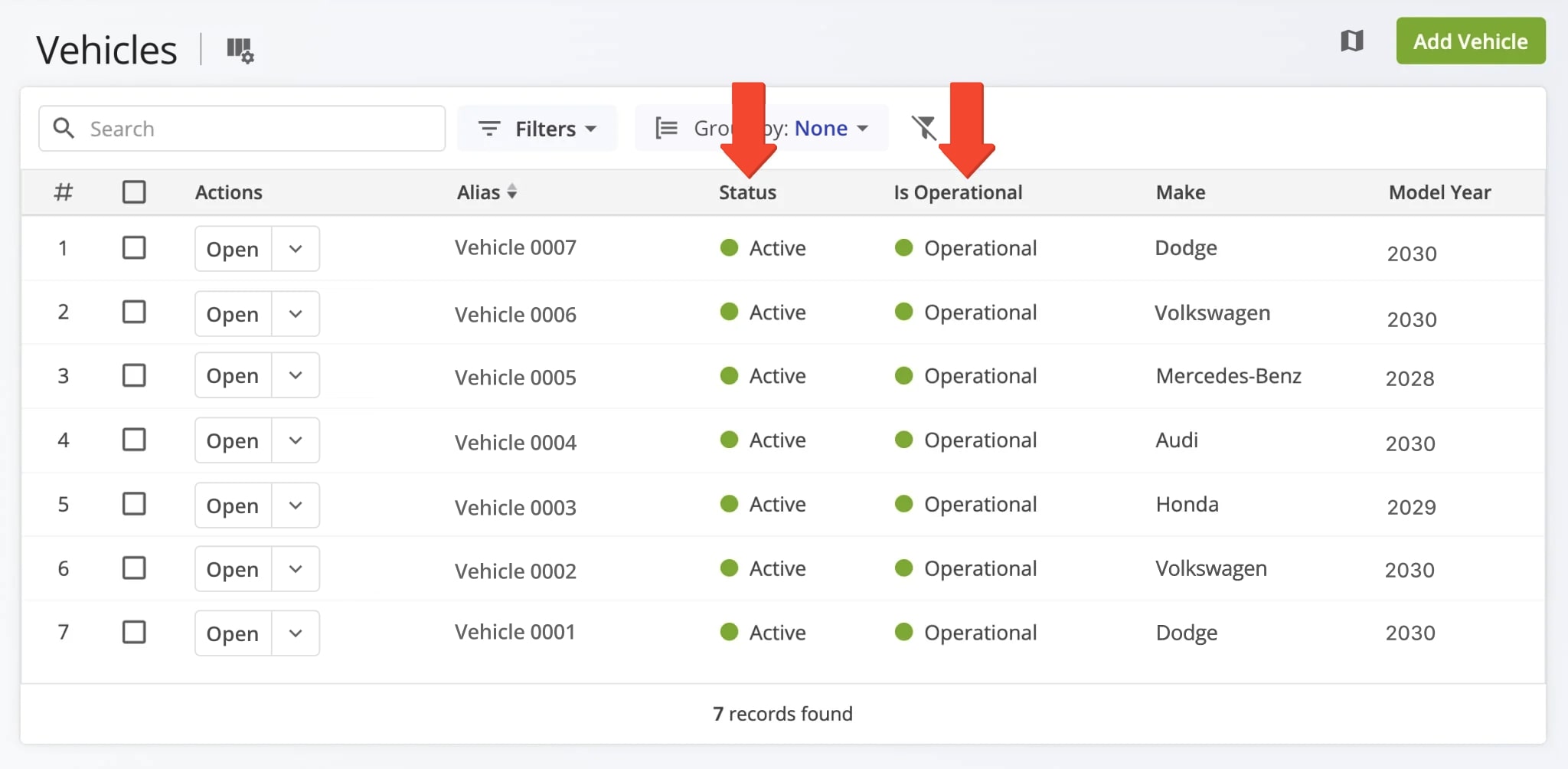 Once activated, telematics vehicles appear as 'Active' with an 'Is Operational' status and are ready to be assigned to routes.