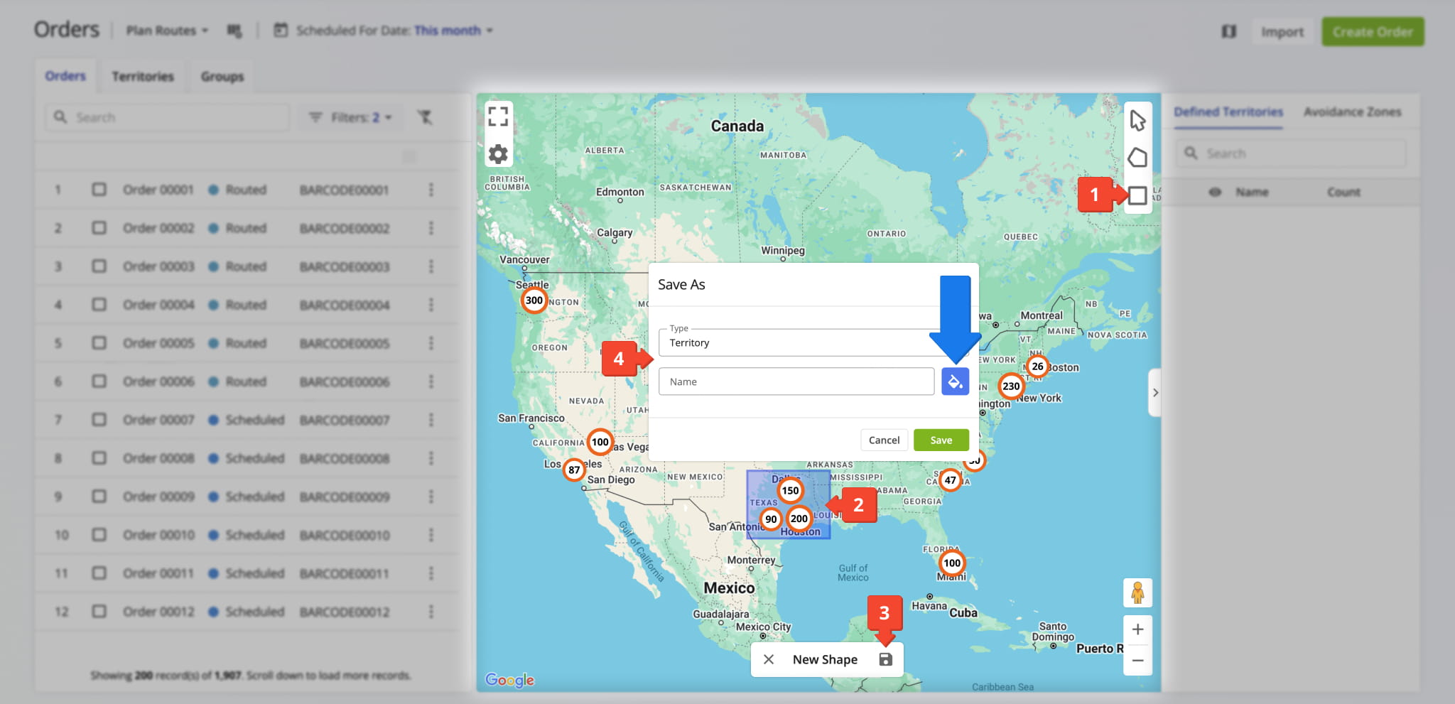 Easily create new Order Territories on the map by clicking and drawing your preferred shapes.
