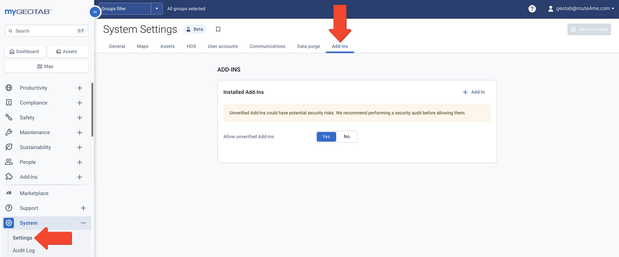 Installation process of the Route4Me Add-In for Geotab.