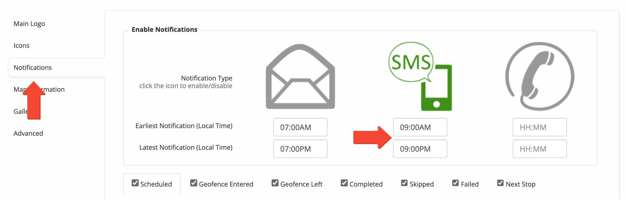 Make sure that the Earliest SMS Notification and the Latest SMS Notification values are not empty.