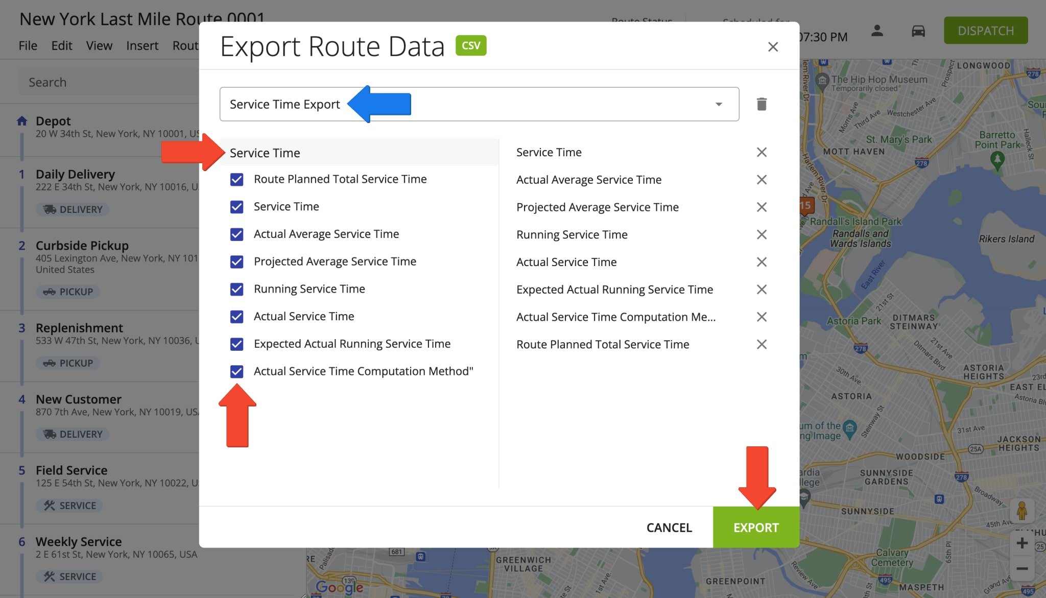 Use the Search Field to filter export data items to export Service Times and create a Service Time Export Profile.