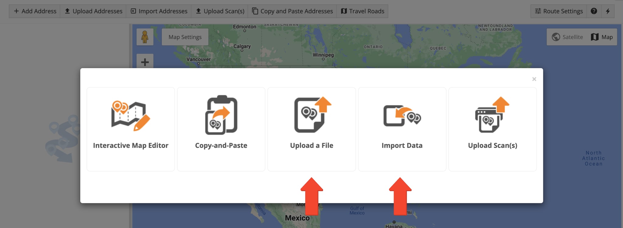Select to upload a route spreadsheet or import a route spreadsheet from cloud storage.
