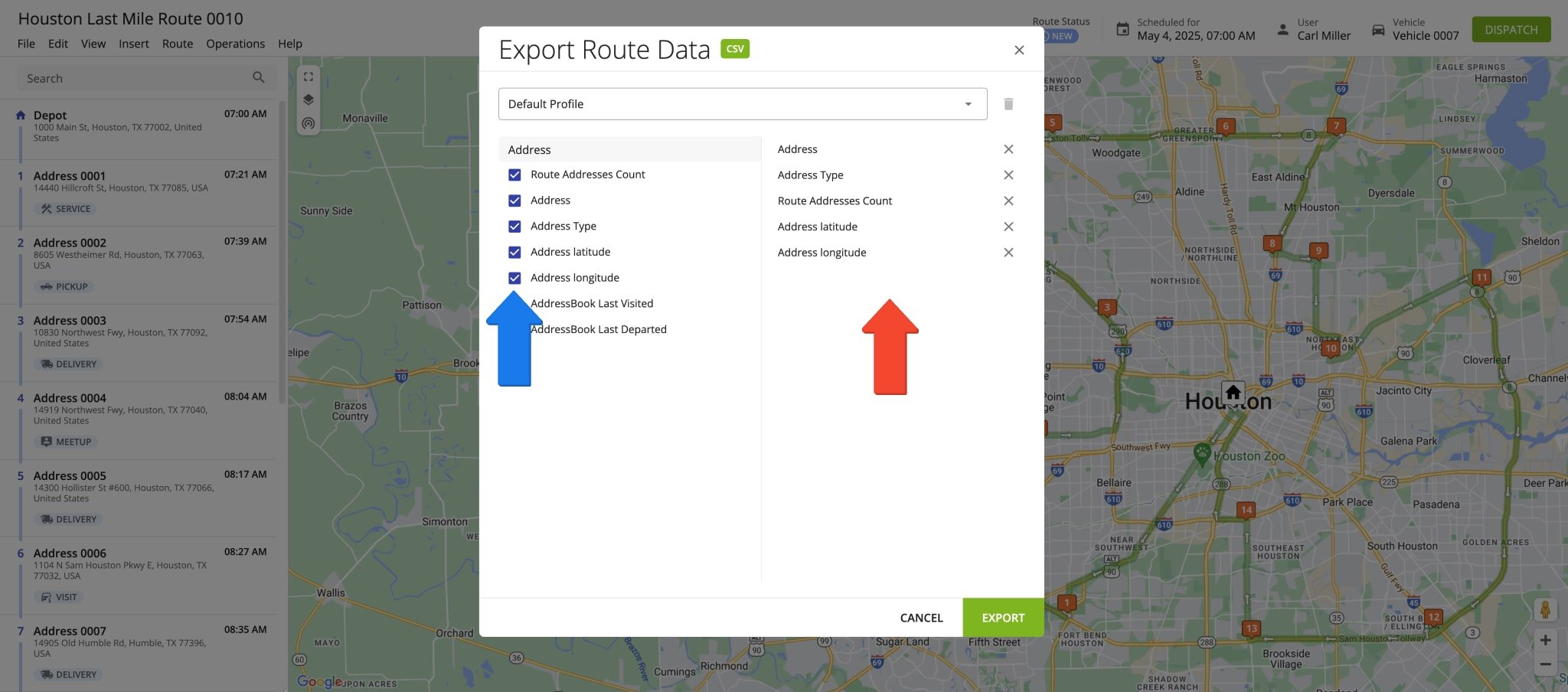 Select export items when you export routes as CSV spreadsheets with Route4Me.