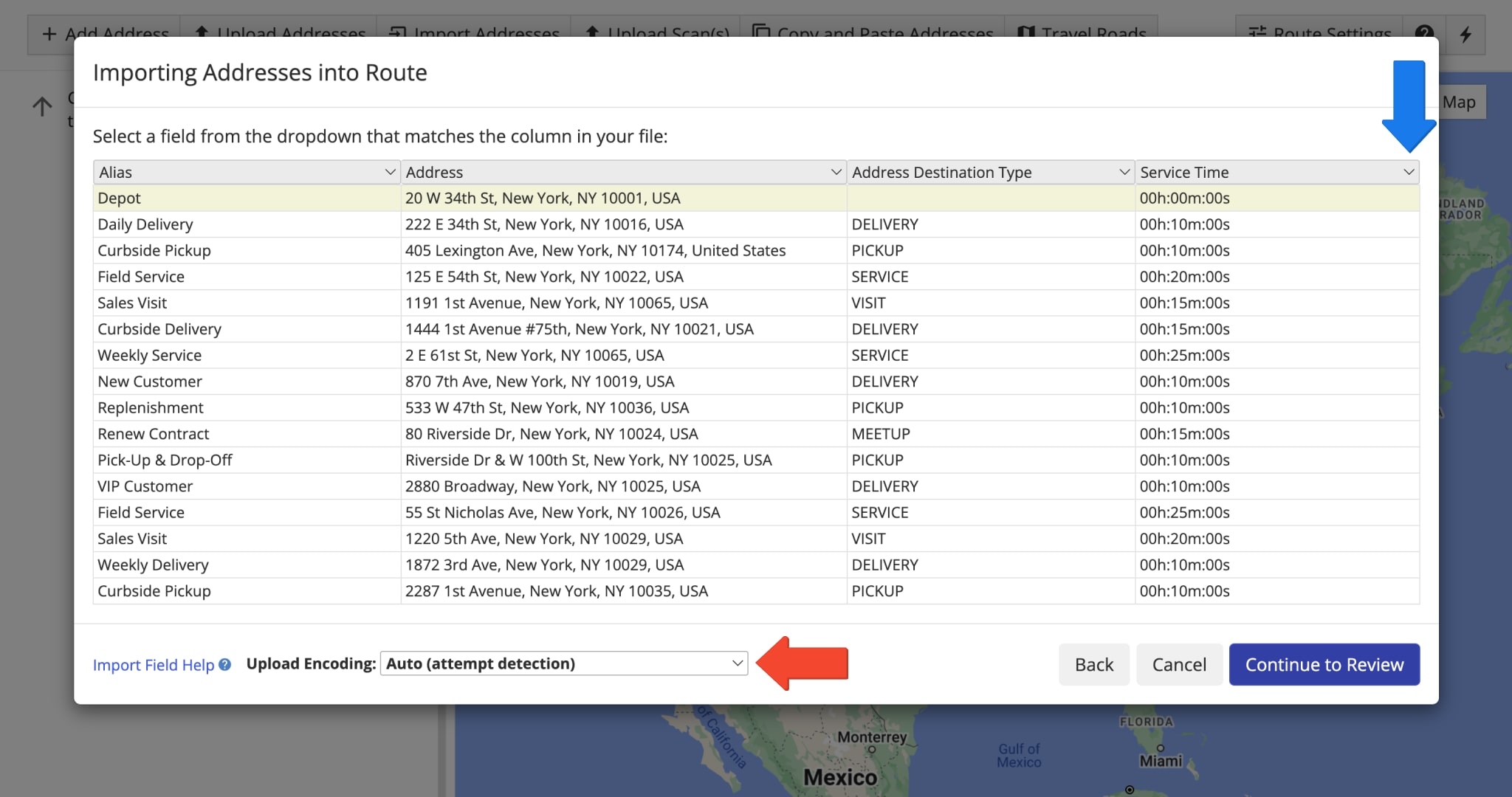 Verify uploaded or imported Service Time in spreadsheets when planning routes.