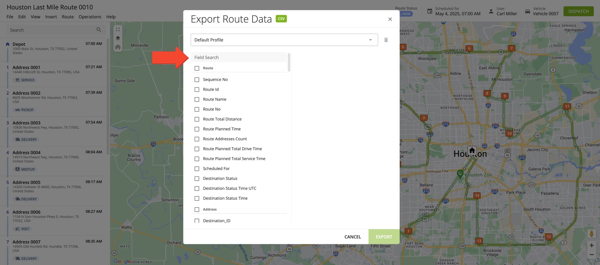 Use the Field Search bar to select different attributes for route export when you export routes as CSV.