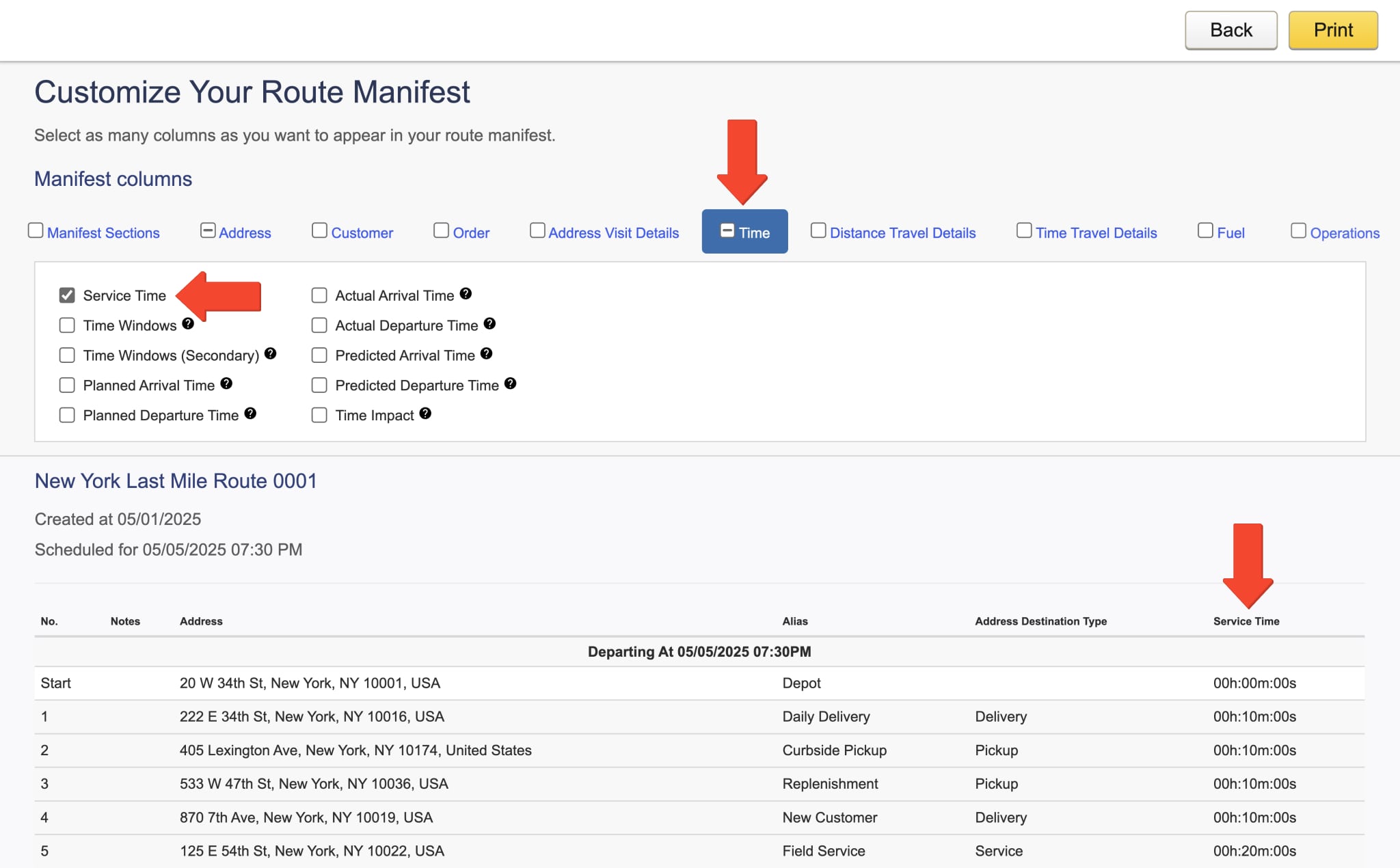 To enable Service Time on the Route Manifest, go to the Time tab and check the box next to Service Time.