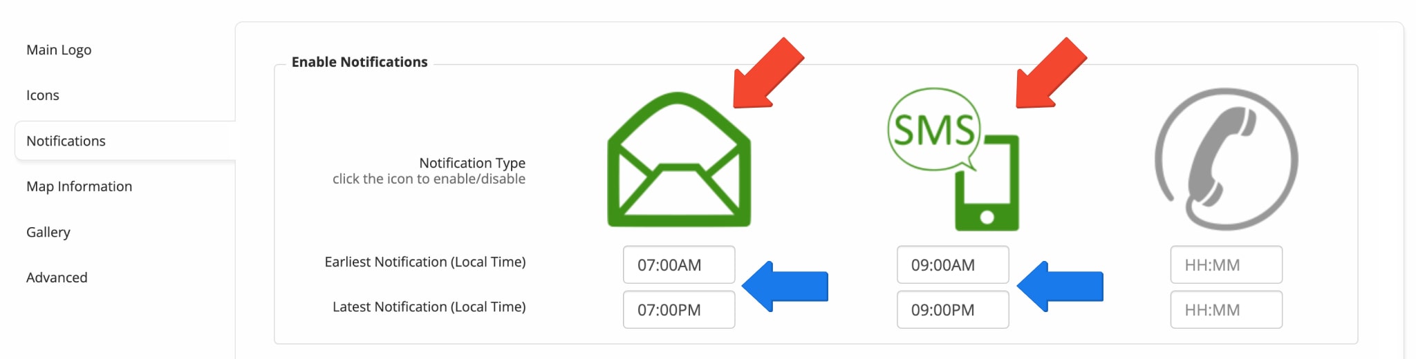 Enable Email and SMS customer notifications by clicking the corresponding icons in the Notification Settings.