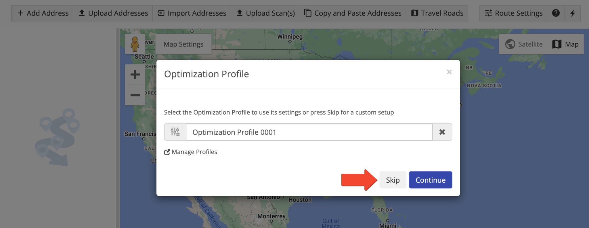 To access manual Optimization Settings when planning routes, click the Skip button when prompted to select an Optimization Profile.