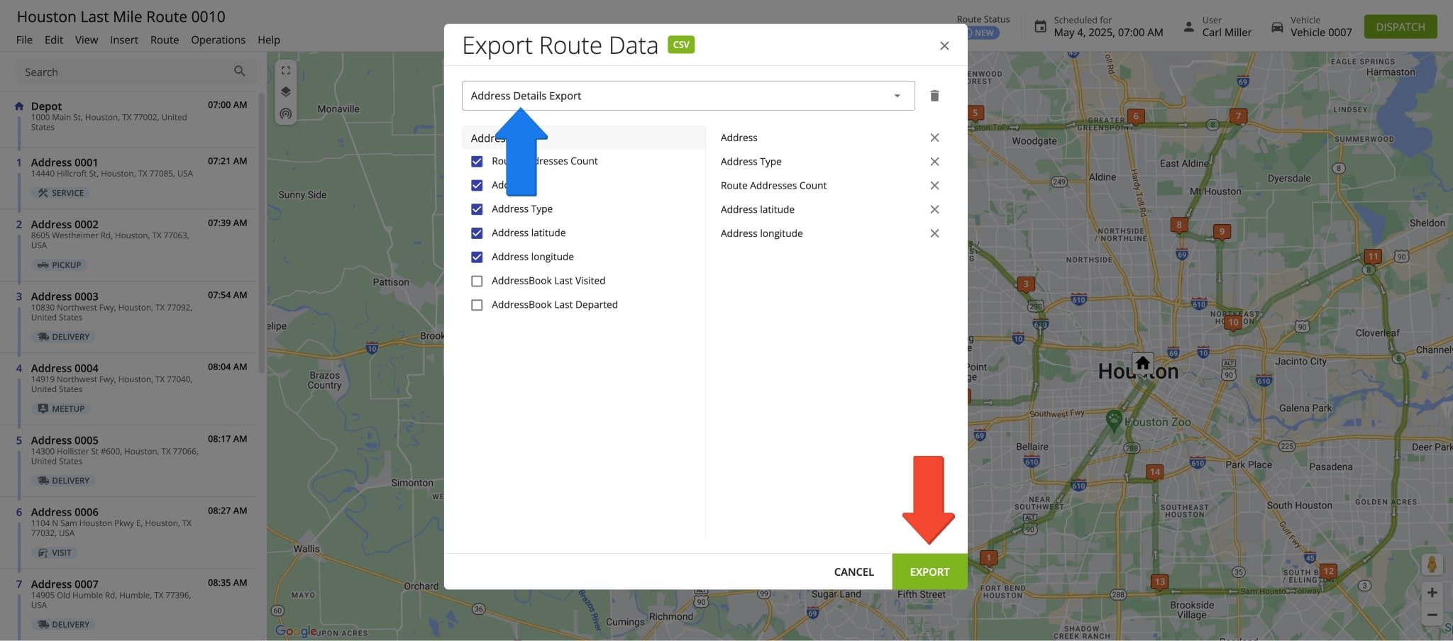 After selecting route export items, save route export profiles by writing a custom profile name and clicking "Export".