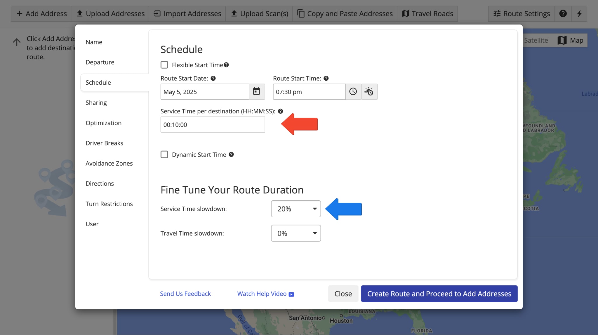 Manually set Service Time and Service Time Slowdown for all route destinations in Optimization Settings.