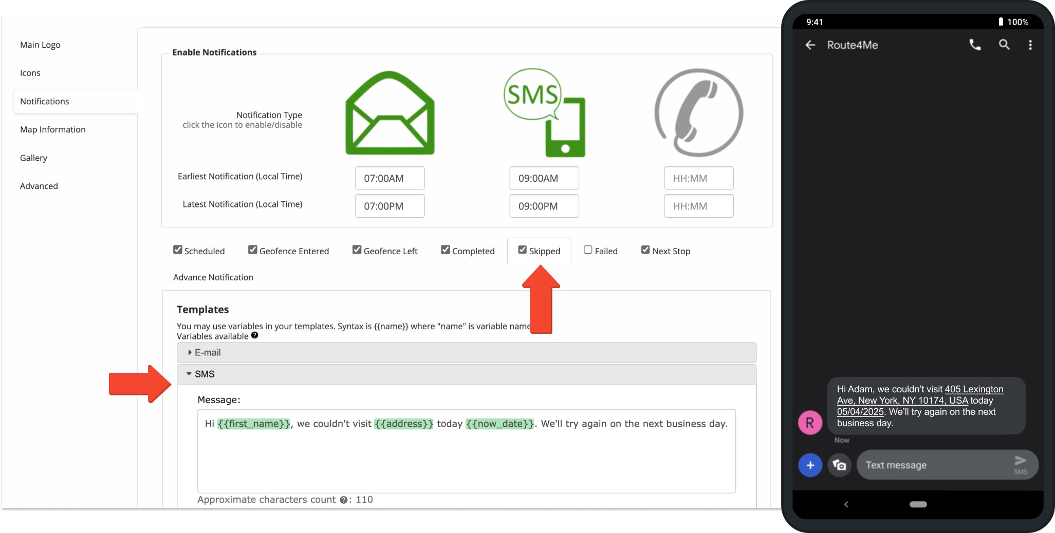 Send automated SMS and Email notifications to customers when a driver markes a route destination as Skipped.