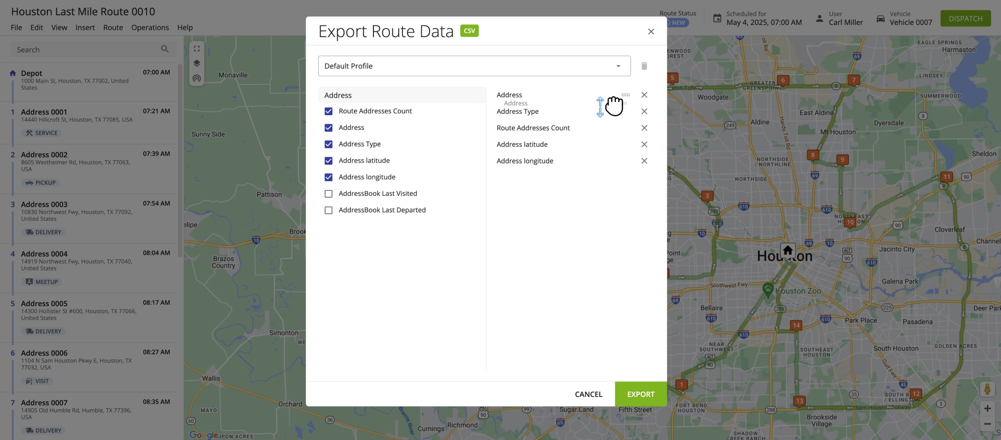 Select items for CSV route export and re-arrange selected route export items.