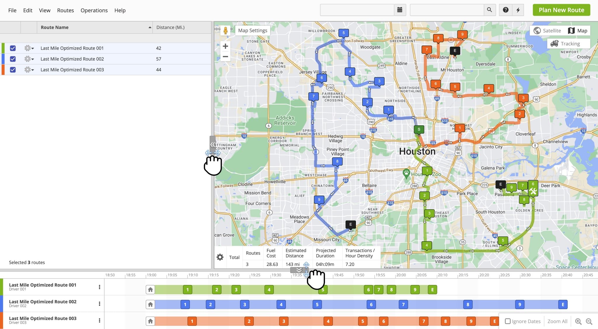 To resize the Interactive Map relative to the Routes Map List and Time Line, click and drag the middle of the panel separators.