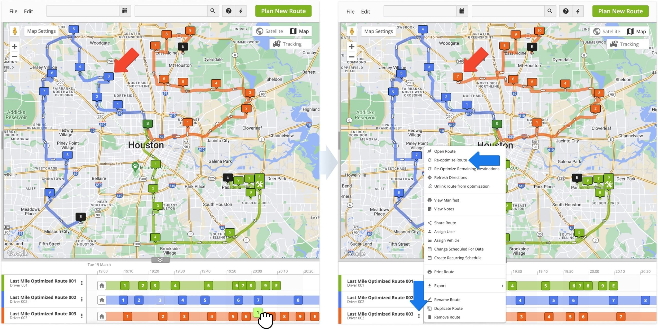To move a destination to a different sequence position in the same route or to an entirely different route, click and drag the destination to the preferred position. The Routes Map will update your routes accordingly.