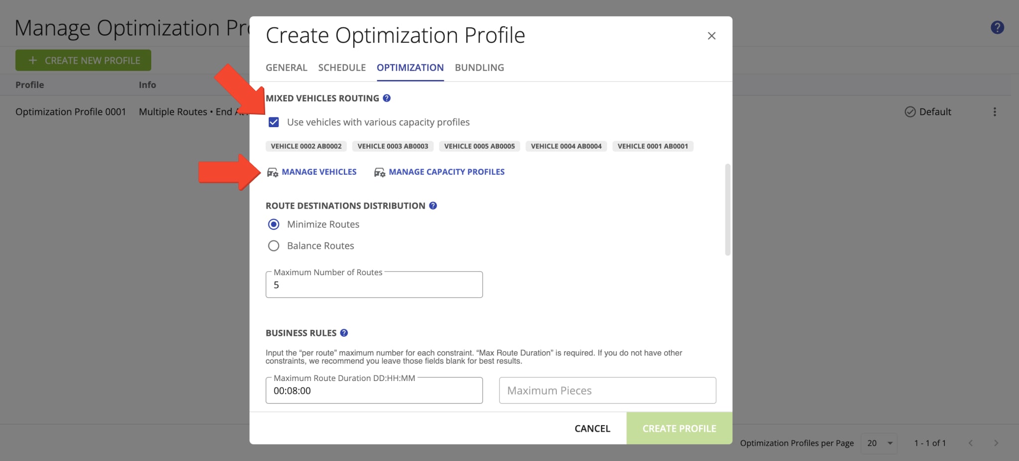 When creating or editing an existing Optimization Profile, go to the Optimization tab. Then, check 'Use vehicles with various capacity profiles' to enable mixed fleet routing.