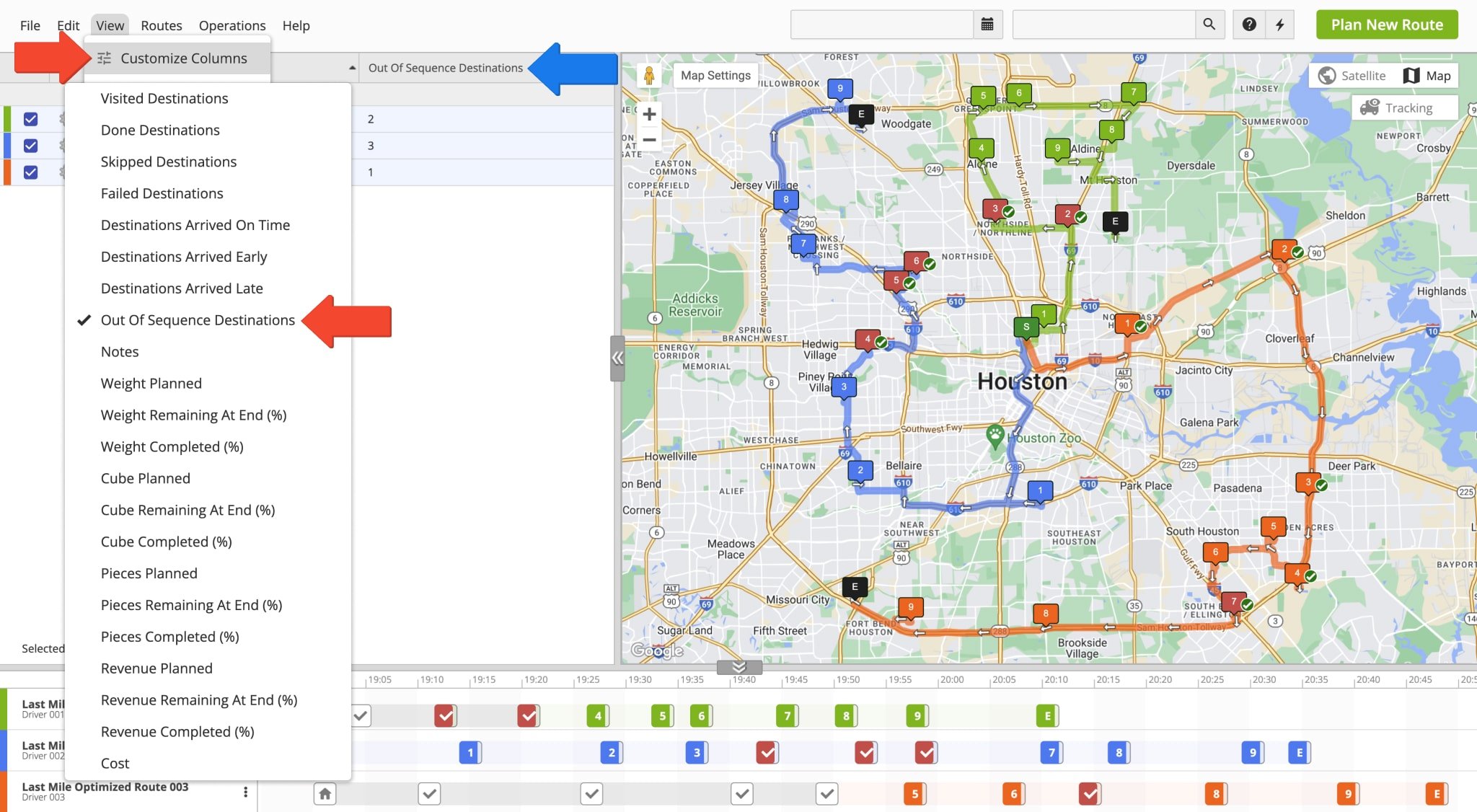 The Routes Map enables you to view Destinations Out of Sequence for each selected route on the customizable route data table.