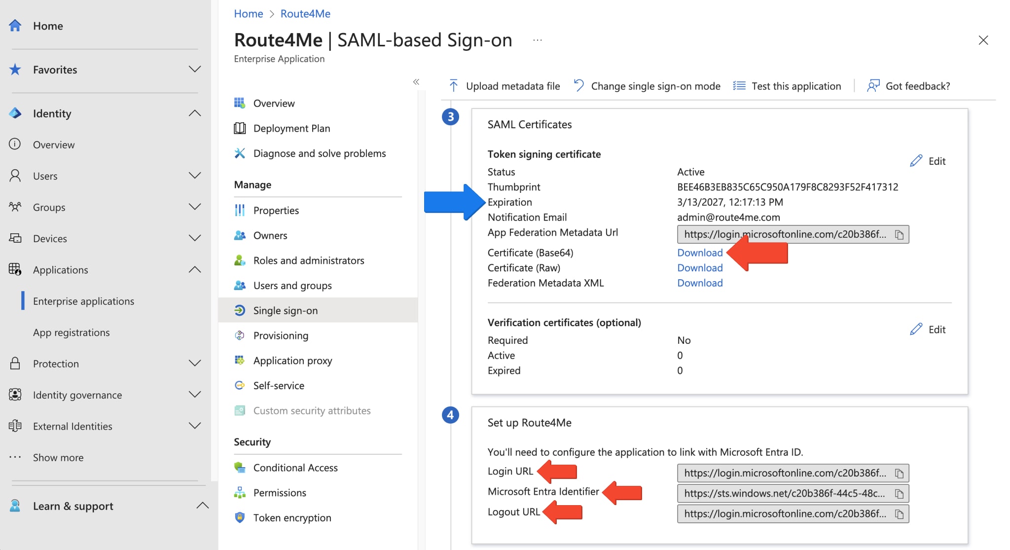 Entra ID Azure will create the following entries for you in the SAML Blade: Login URL, Microsoft Entra Identifier, Logout URL. Record these values and download the SAML Certificate.