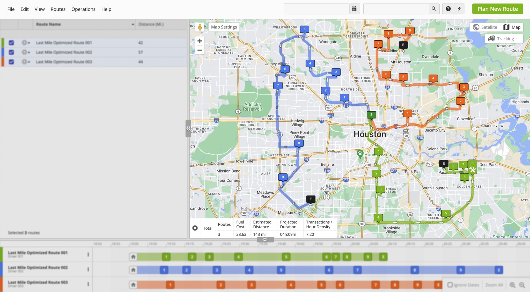 The Interactive Map displays routes enabled from the Routes Map List with their respective destination sequences. You can customize map settings, enable user and driver tracking, and have access to destination management options.