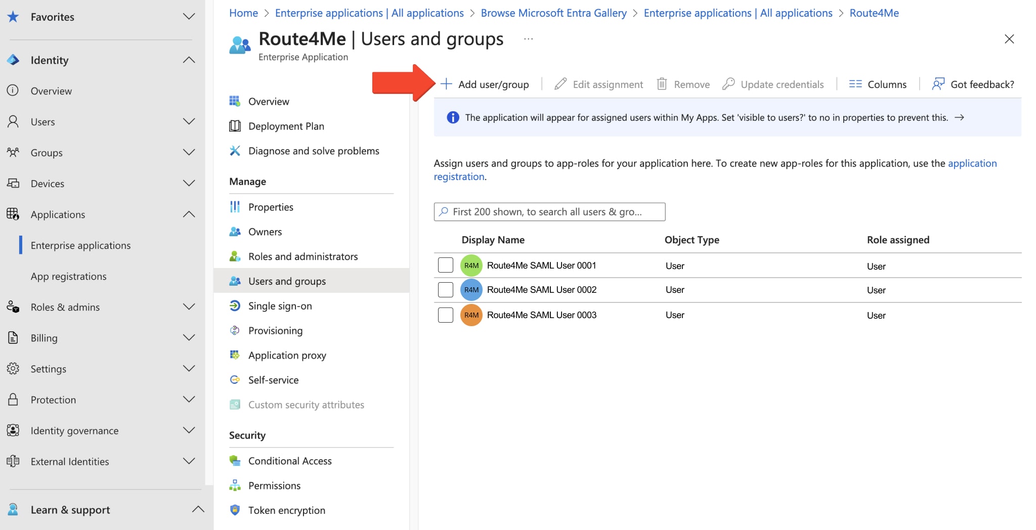 Add users and groups to Entra ID Azure SAML app to configure SSO settings.