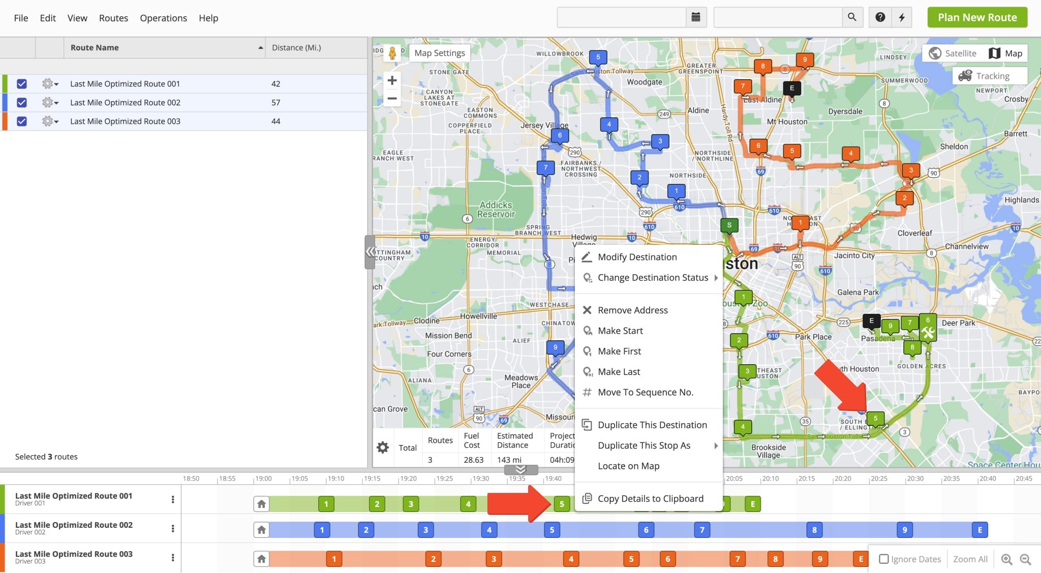 The Routes Map Time Line enables you to manage and move destinations within and between routes. To modify destinations, right-click the preferred destination on the Time Line or Interactive Map.