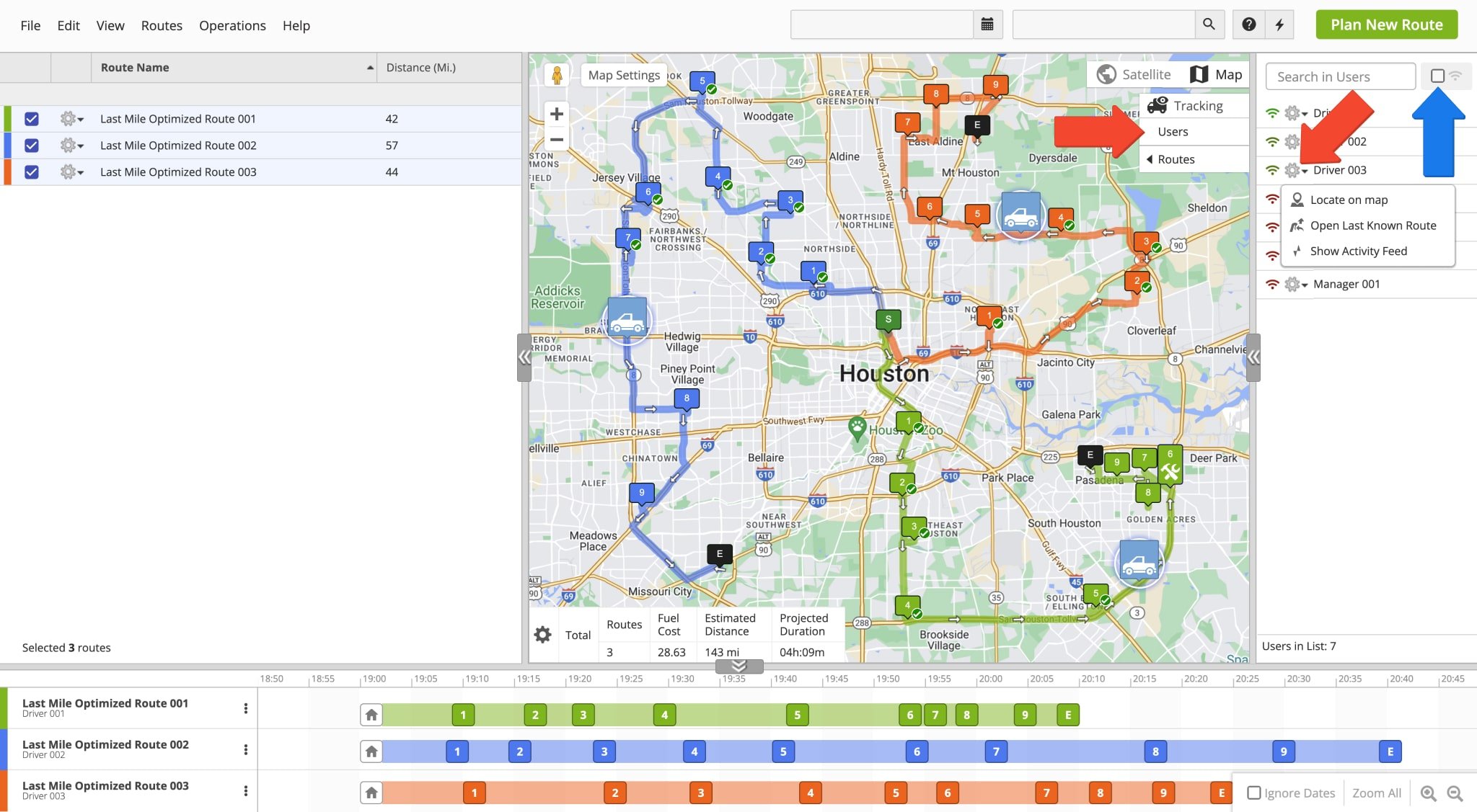 The Interactive Routes Map enables you to track users and drivers on the map. Track multiple drivers on different routes at the same time easily from the Tracking menu.