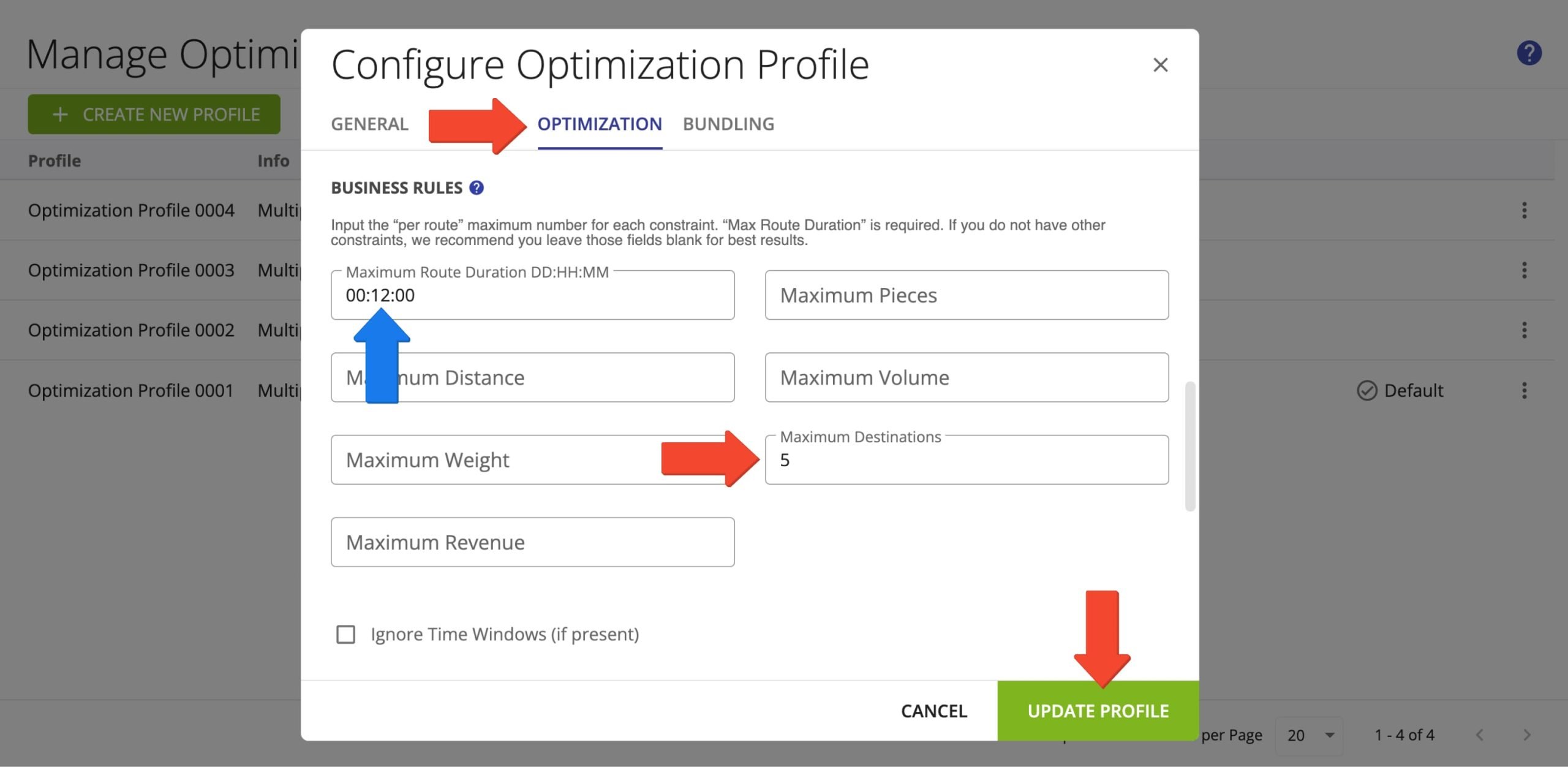 Set your preferred maximum destinations value in Optimization Profiles to easily reuse the same optimization settings.