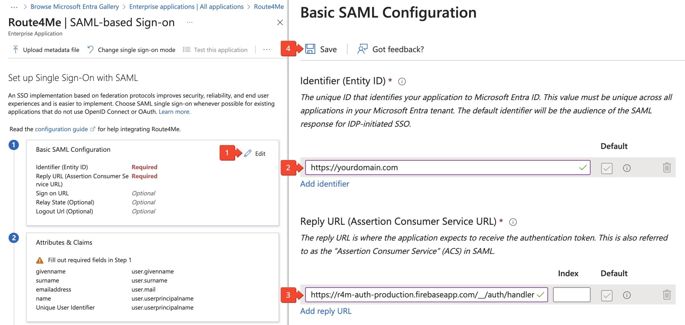 in the Set up Single Sign-On with SAML section, click the Edit button in the Basic SAML Configuration panel to set your basic SAML SSO settings.
