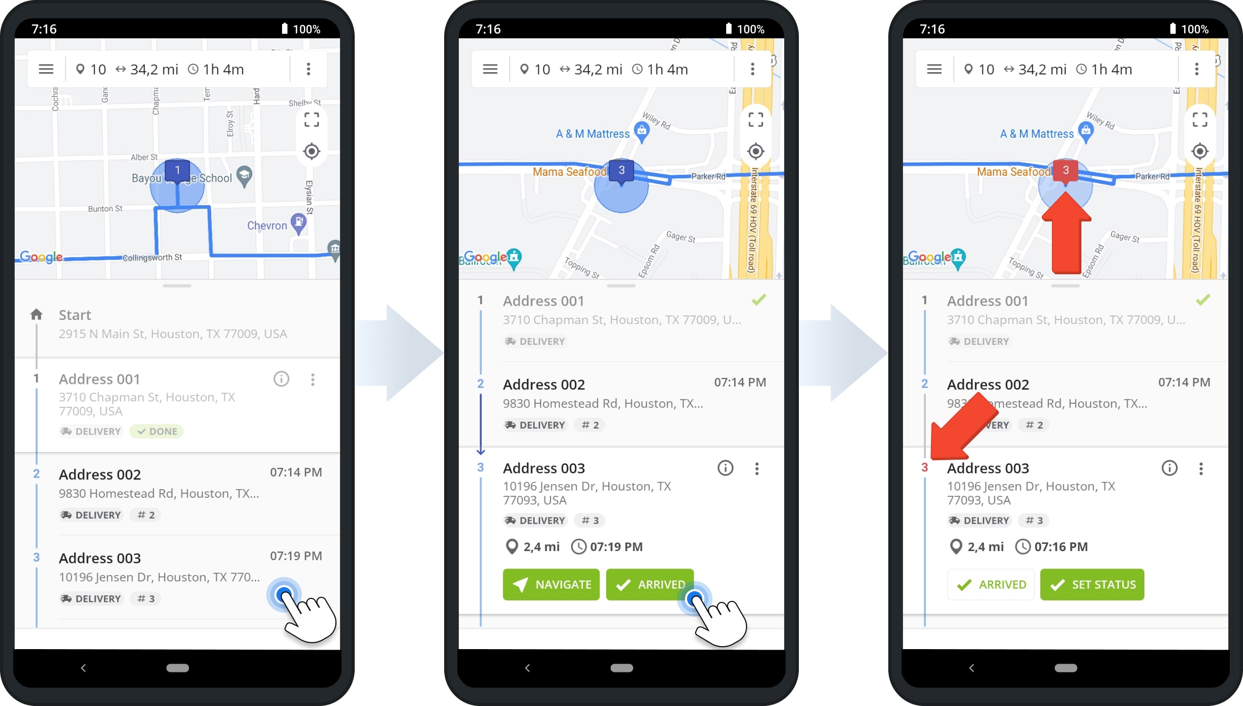 To visit a destination out of sequence, a driver selects and marks a destination as Arrived on the mobile app. Out of Sequence Destinations are also marked in red on the mobile app.
