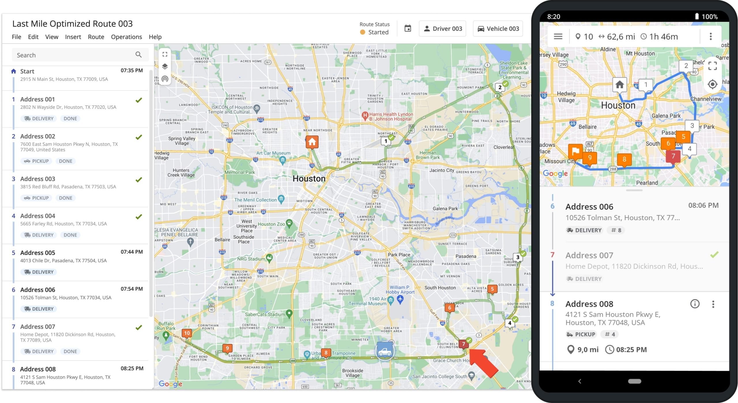 When destinations are visited out of the sequence of their corresponding route, they are marked in red. Additionally, you can view Out of Sequence Destinations on the Routes List, Route Editor, Routes Map, and Mobile Route Planner App.