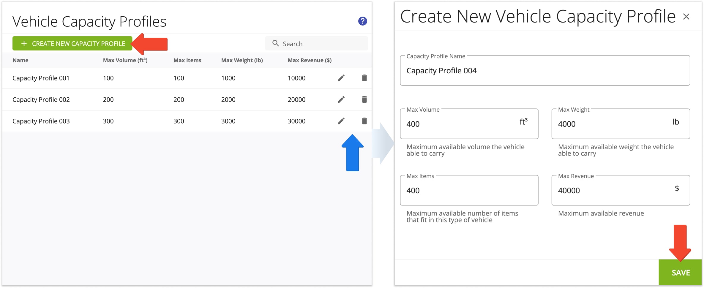 Once you've created one or multiple profiles, you can manage them on the Vehicle Capacity Profiles page.