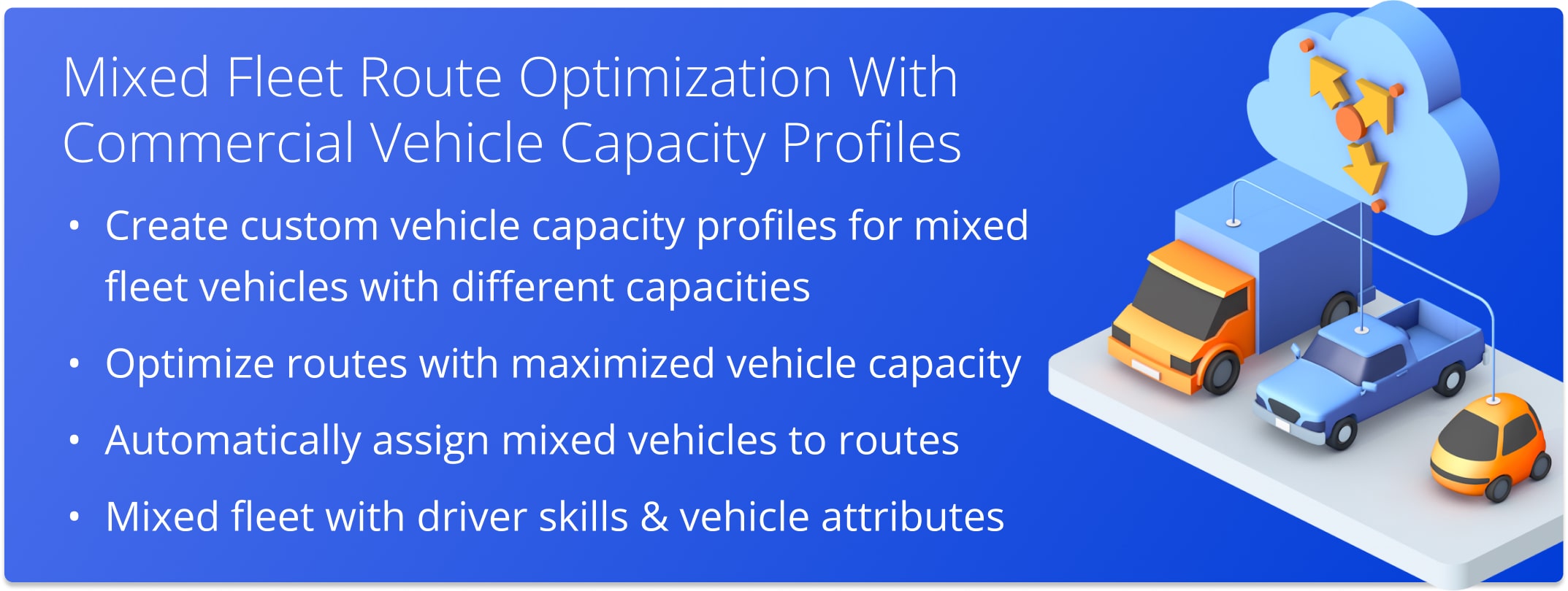 With Route4Me's Mixed Fleet Route Planning Add-On, you can automatically optimize the most profitable routes for multiple vehicle types with different loading and carrying capacities.