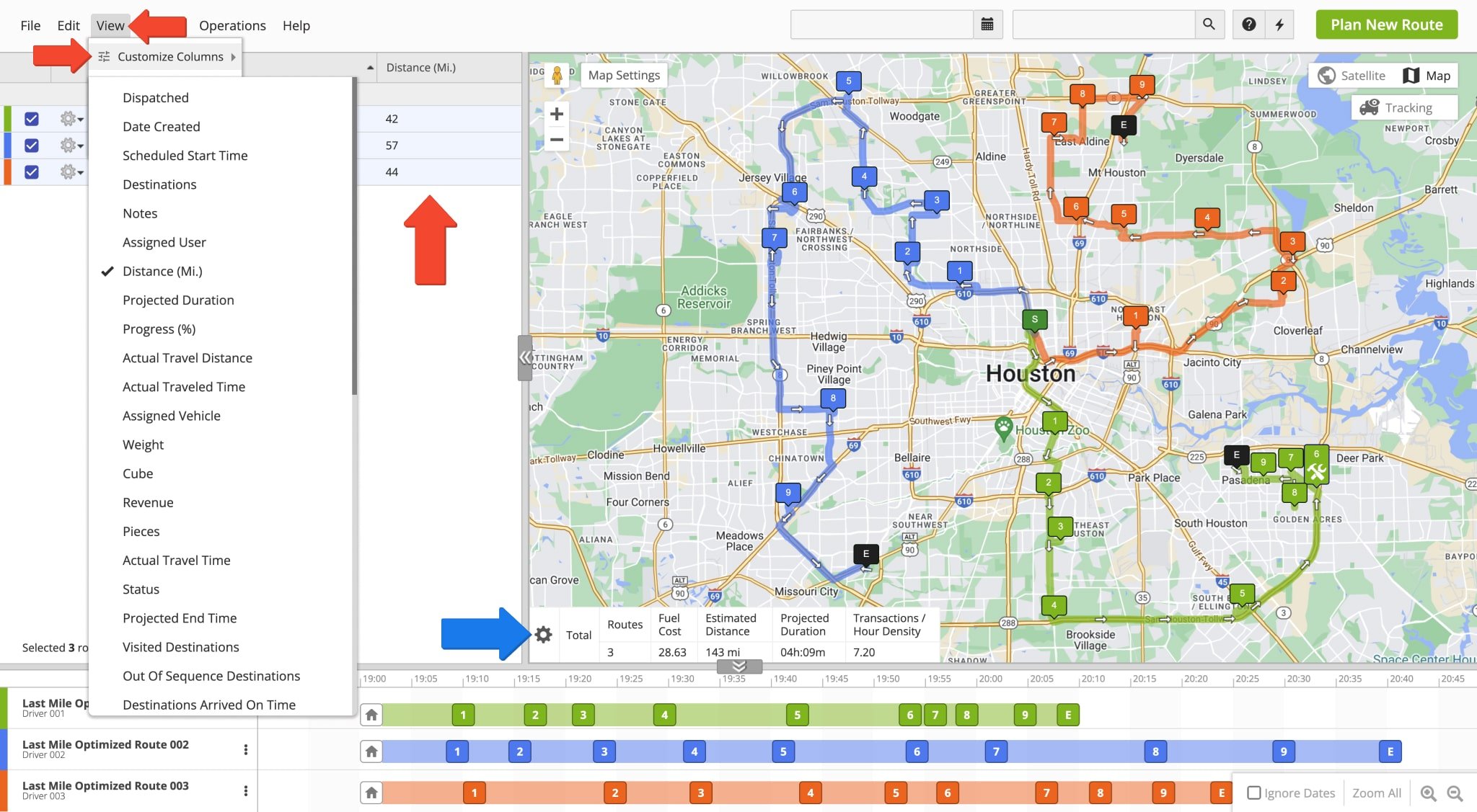 Moreover, the Routes Map enables you to filter and view the data of your routes. The Routes Map List includes a customizable table of route parameters. To enable preferred data items as columns on the Routes Map List, click View from the top menu bar, hover over Customize Columns and enable your preferred items.
