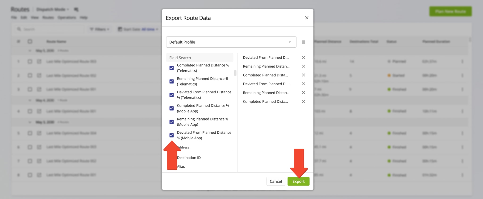 On the Export Route Data window, select the data items you want to include in your route export CSV spreadsheet in the left column.