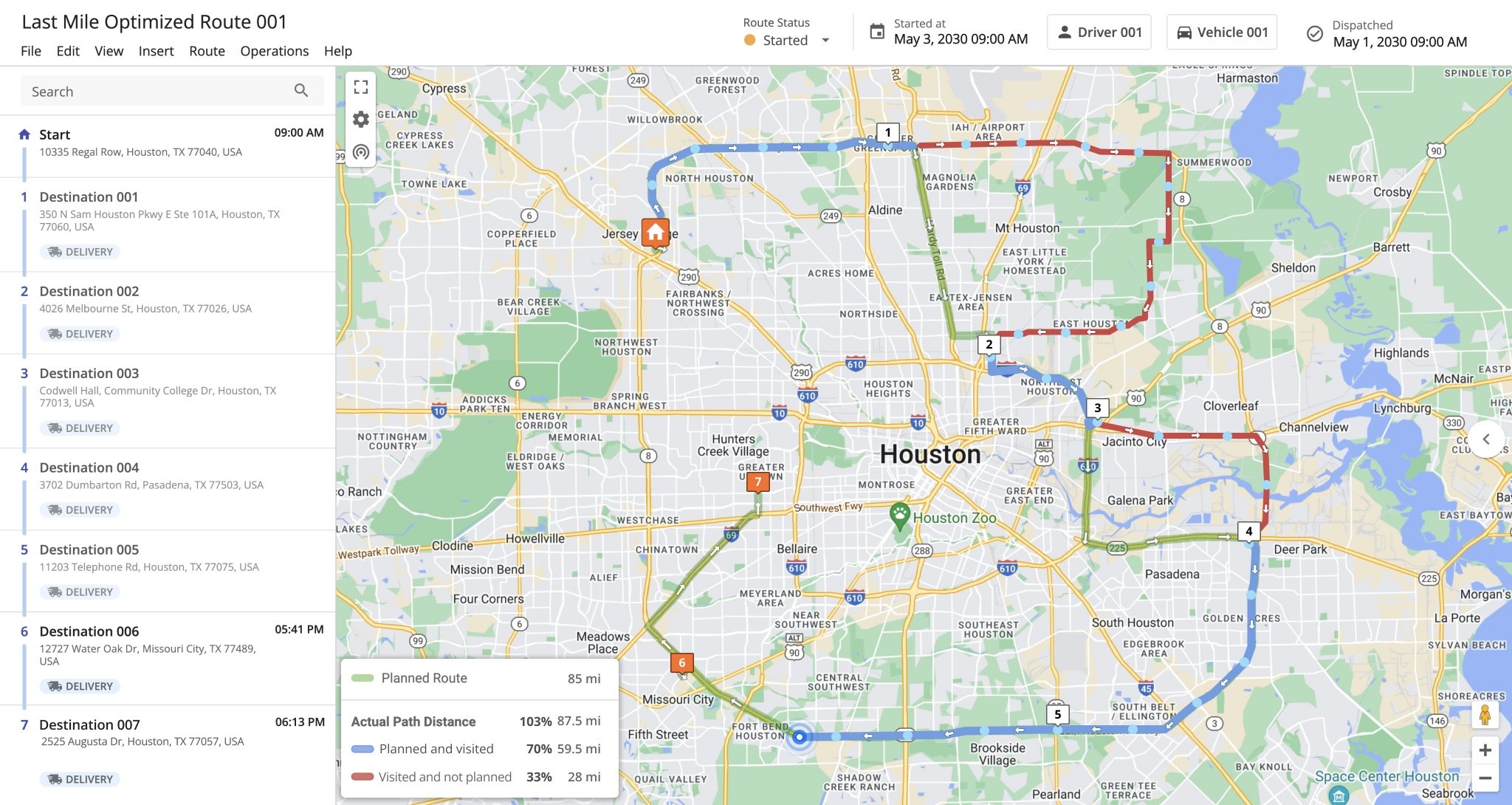 When you view route compliance on Route4Me's Web Platform, each portion of the respective route is highlighted in a color corresponding to its planned and traveled status.